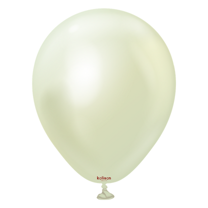 Pale green pearlescent 5-inch round latex balloon with subtle sheen and tied neck.