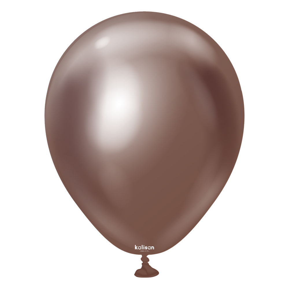 5-inch round chocolate brown latex balloon with a shiny, reflective surface and knotted end.