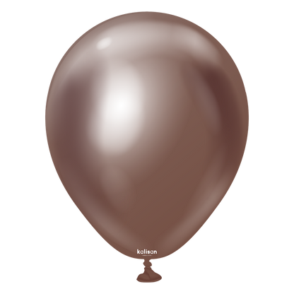 5-inch round chocolate brown latex balloon with a shiny, reflective surface and knotted end.