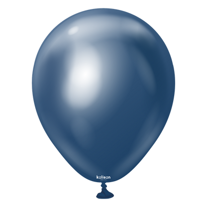 Glossy navy blue latex balloon, 5-inch round shape, smooth surface, tied end visible.