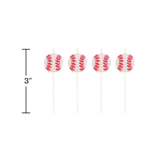 Set of four baseball-themed cupcake picks with white balls and red stitching, each 3 inches tall.