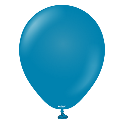 Deep blue 5-inch latex balloon with smooth surface and tied neck, pack of 100.