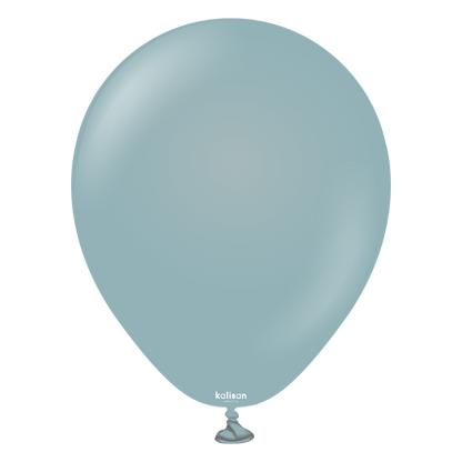 Light blue latex balloon with a rounded shape and a tied neck labeled Kalisan.
