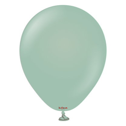 Matte retro green 5-inch latex balloon inflated with tie knot at bottom.
