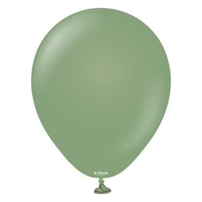 Matte retro eucalyptus green latex balloon inflated, round shape, 5 inch size.