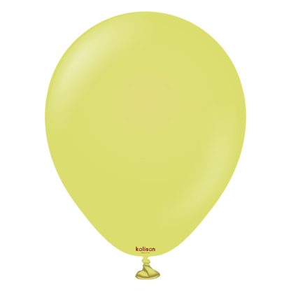 Olive green 5-inch round latex balloon with a glossy finish and small red Kalisan logo near the tied end.