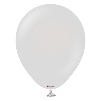 White round latex balloon with a small red "kalisan" logo near the neck, inflated and glossy.