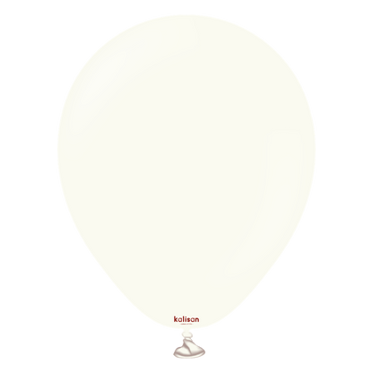 White 5-inch round latex balloon with slight retro sheen and small red "kalisan" logo near base.