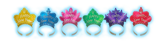 Six colorful plastic tiaras in yellow, blue, pink, purple, and red with Happy Birthday text, no plume.
