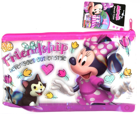 Clear PVC pencil pouch with pink zipper, featuring Minnie Mouse in a pink polka-dot dress and "Friendship never goes out of.