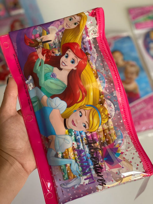 Clear large PVC pencil pouch with bright pink edges, featuring Disney princesses Ariel, Rapunzel, and Cinderella in colorful