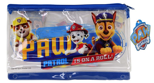 Clear rectangular PVC pencil pouch with blue zipper, featuring Paw Patrol characters and "Paw Patrol is on a roll!" text.