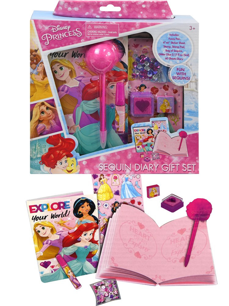 Pink Disney Princess diary with embossed cover, matching pom-pom pen, stickers, and decorative seals in a boxed set.