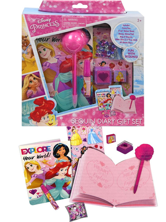Pink Disney Princess diary with embossed cover, matching pom-pom pen, stickers, and decorative seals in a boxed set.