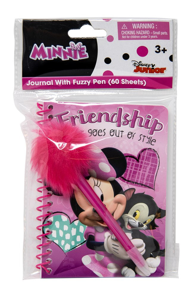Purple spiral notebook with Minnie Mouse and owl on cover, includes pink feather pen with fuzzy top.