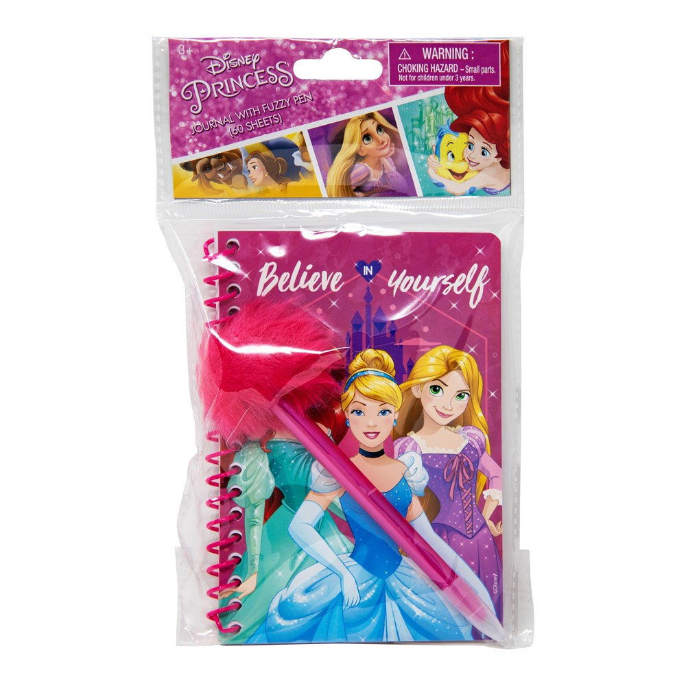 Pink spiral notebook with Disney princesses on the cover, paired with a pink feather pen in a clear poly bag with a Disney.