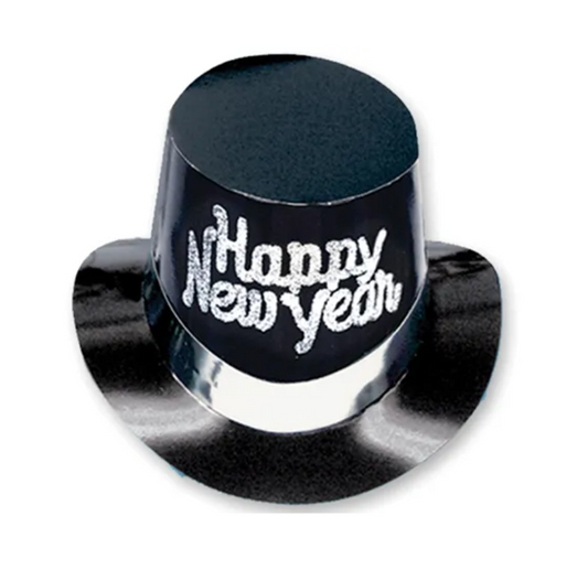 Black Top Hat with Silver Band and Glitter Happy New Year