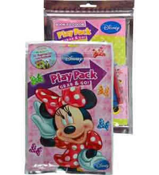 Pink Minnie Mouse-themed Play Pack with red polka dot bow, butterfly accents, and Disney logo.