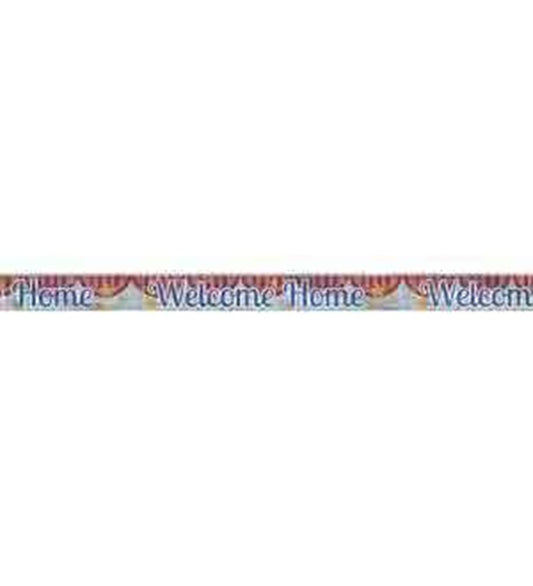 9ft fabric banner with repeating "Welcome Home" text in blue and orange prism patterns on a white background.