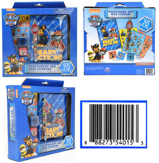 Paw Patrol stamper set in blue packaging featuring character-themed stamps, stickers, and stationery for kids.