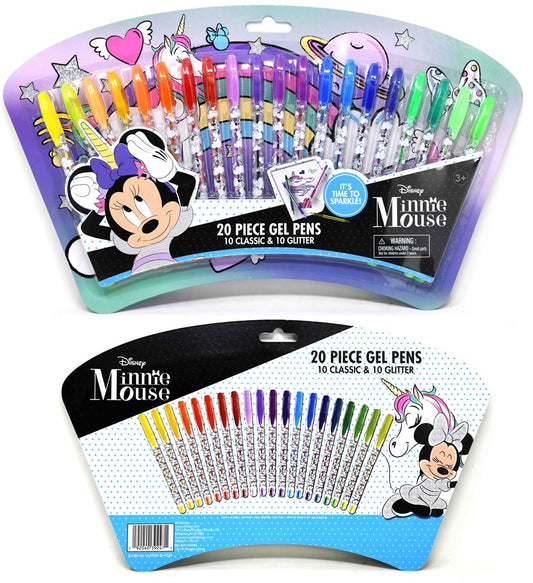 Set of 20 Minnie Mouse gel pens in assorted bright colors with classic and glitter ink, displayed in curved packaging with.