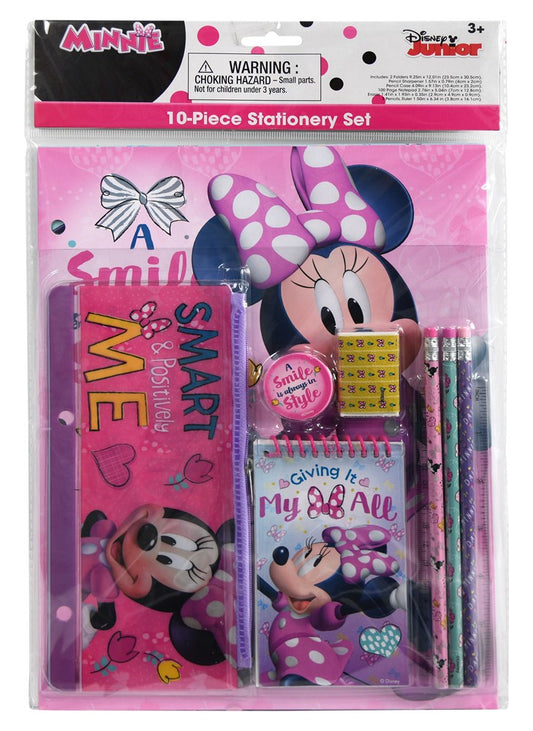 Pink Minnie Mouse 10-piece stationery set with pencils, eraser, sharpener, ruler, and themed notebooks.