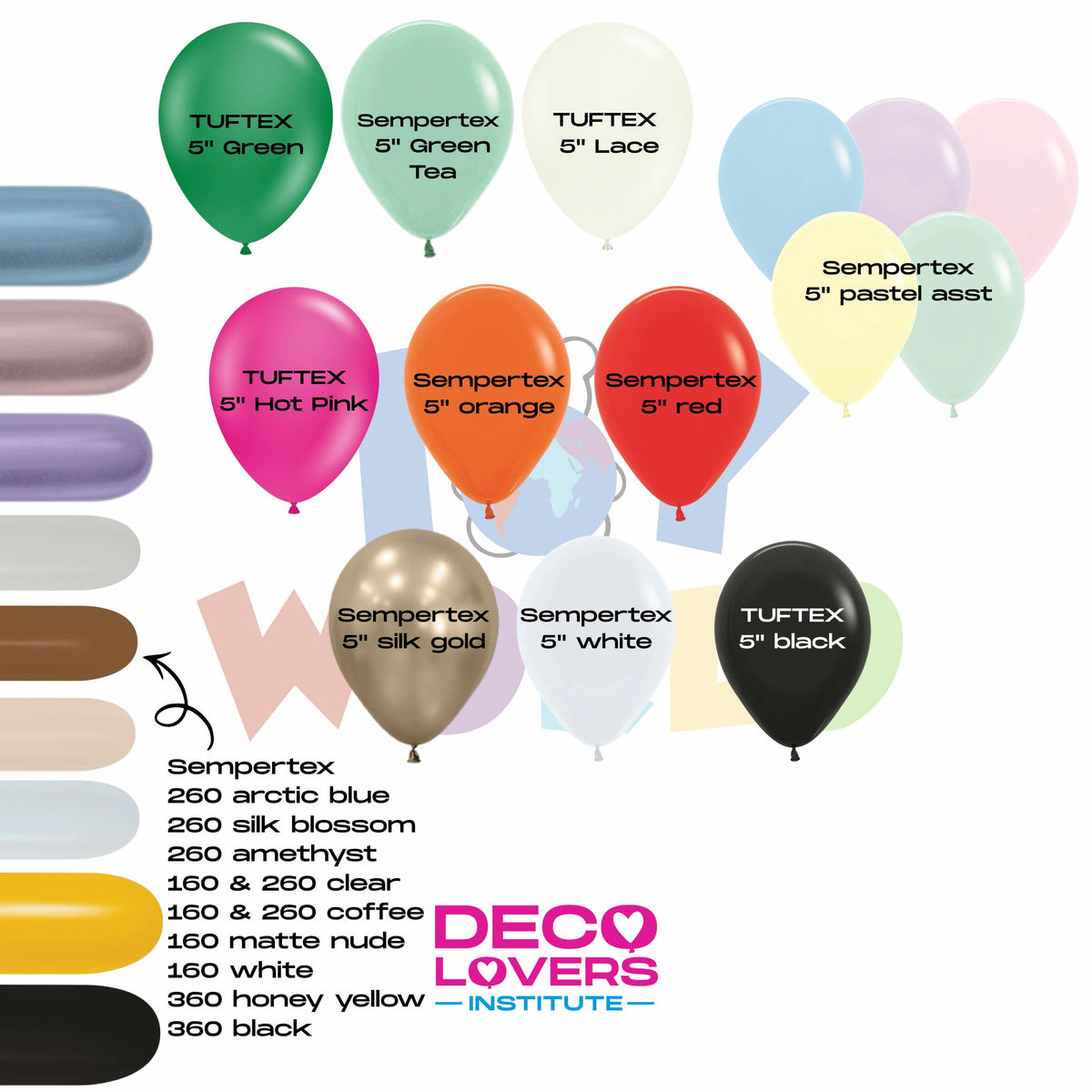 Colorful assorted balloons in green, blue, pink, purple, orange, yellow, black, and white with printed logos and sizes.