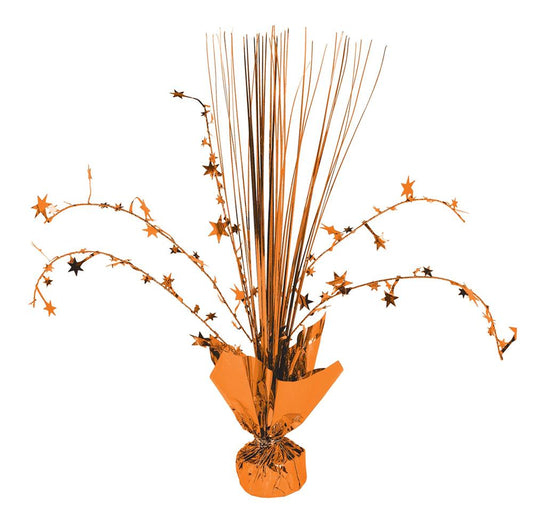 Orange peel spray centerpiece with star accents and tall thin metallic strands in orange wrapping.