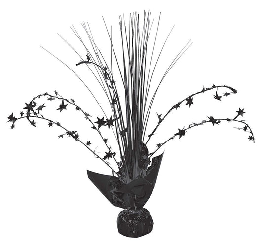 Black foil centerpiece spray with star-shaped accents and curly strands wrapped in black foil base.