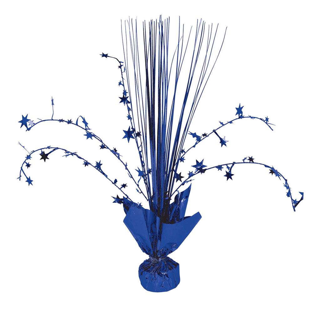 Royal blue spray centerpiece with tall, thin strands and star-adorned curling accents wrapped in matching foil base.