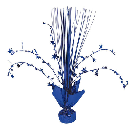 Royal blue spray centerpiece with tall, thin strands and star-adorned curling accents wrapped in matching foil base.