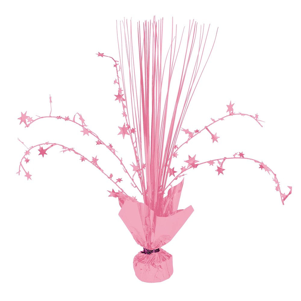 Pink spray centerpiece with metallic star accents and thin foil strands, 12 inches tall.