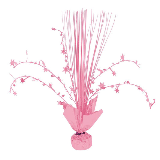 Pink spray centerpiece with metallic star accents and thin foil strands, 12 inches tall.
