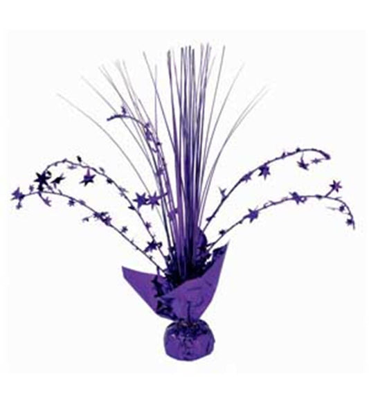 Purple foil spray centerpiece with 12-inch tall thin rods and star-shaped accents wrapped in foil at base.