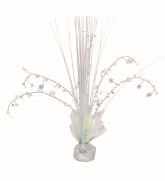 12-inch iridescent foil spray centerpiece with star-shaped accents on thin metallic strands.