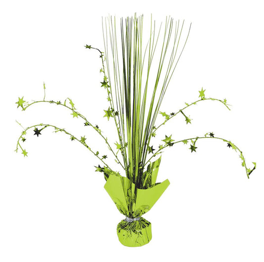 12-inch spray centerpiece with tall green grass and kiwi-colored star accents wrapped in green foil.