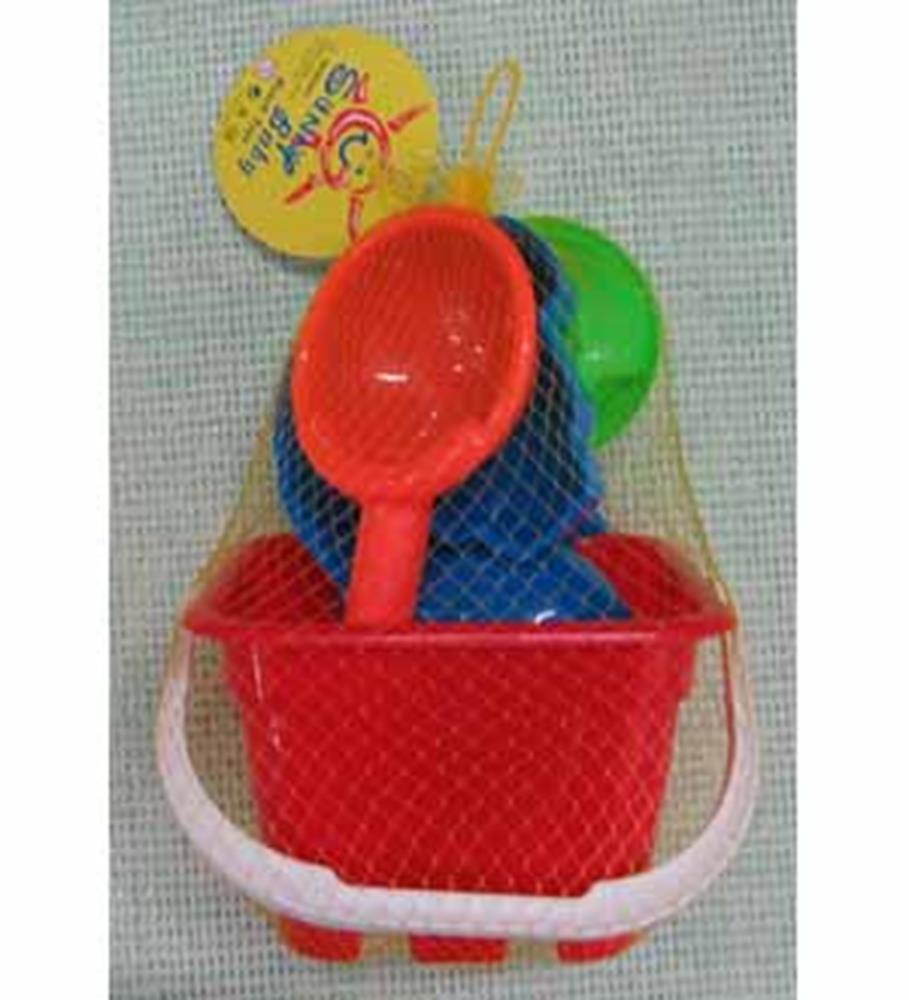 Red plastic bucket with white handle, red scoop, green and blue sand molds inside mesh net bag.