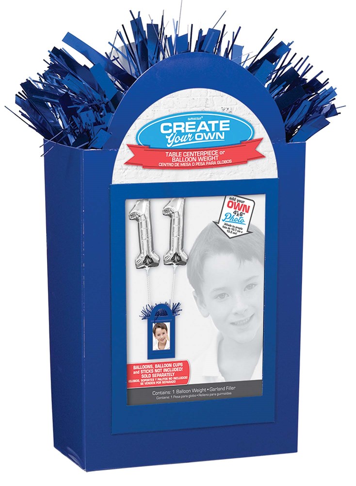 Royal blue balloon tote bag with fringed top and personalized party photo slot.