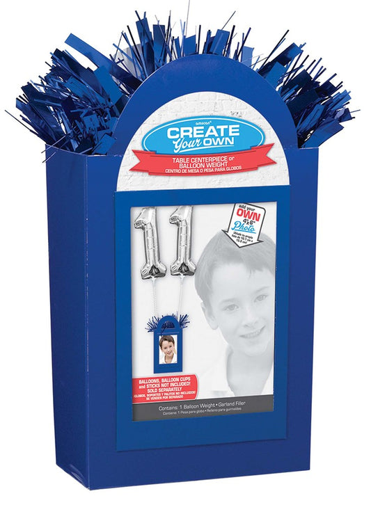 Royal blue balloon tote bag with fringed top and personalized party photo slot.