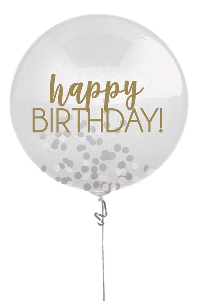 Happy Birthday Latex Balloon with Confetti Silver and Gold 24 inch 1ct