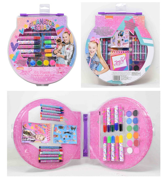 Pink round art set case with colorful markers, crayons, paints, and glitter tubes inside.