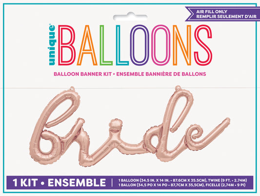 14-inch rose gold foil balloon spelling "bride" in cursive script, balloon banner kit packaging.