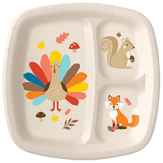 Beige square divided plate with colorful turkey, squirrel, and fox illustrations, autumn leaves accents.
