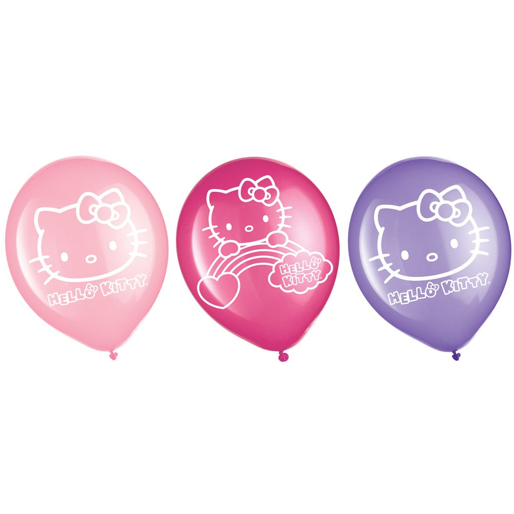 Set of three Hello Kitty latex balloons in pink, fuchsia, and purple with white Hello Kitty outlines and text.