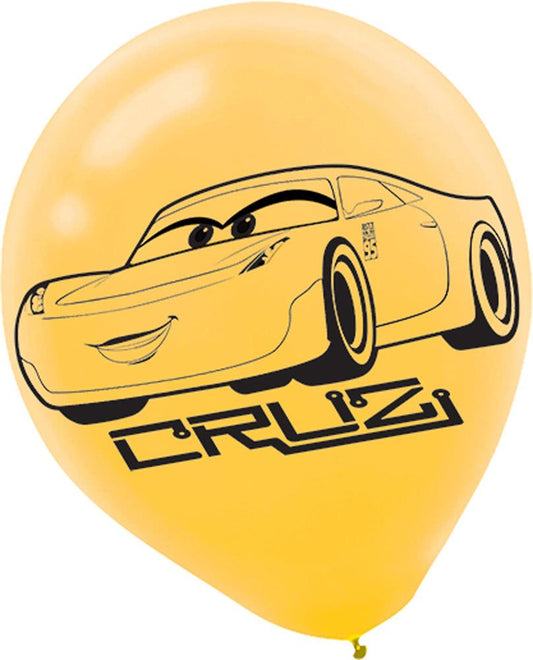 Yellow latex balloon with black Lightning McQueen face and "CRUZ" text from Disney Cars 3.