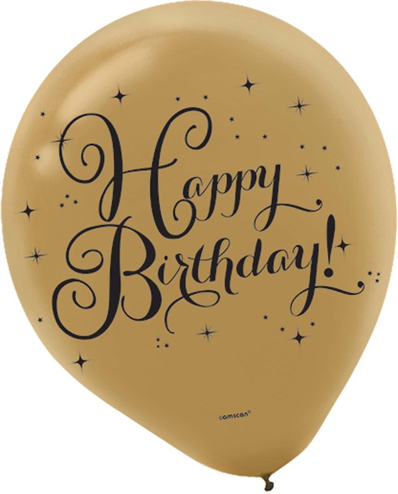 Gold latex balloon with black "Happy Birthday!" script and small star accents, 12-inch round shape.