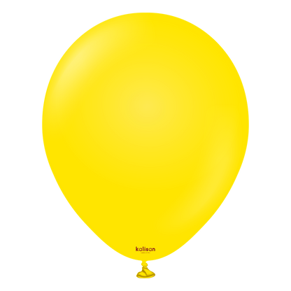 Bright yellow 12-inch latex balloon with smooth surface and tied neck.