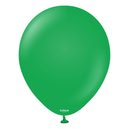 12-inch round green latex balloon inflated and tied at the bottom with small white "kalisan" logo near the base.