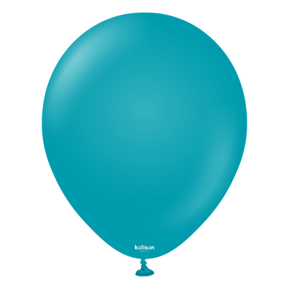 Smooth round turquoise latex balloon inflated and tied at the bottom.