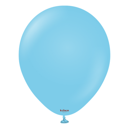 Baby blue round latex balloon inflated with a tied neck, smooth matte finish.